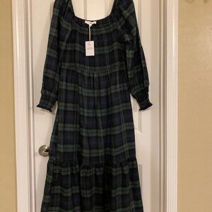 Lucky Brand Midi Dress Smocked Waist Ruffled Plaid Green Purple Size L